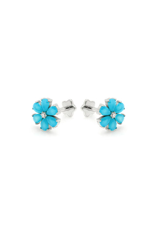 Platinum Titanium Threadless Opal Flower Flat Back Stud Earrings - Blue