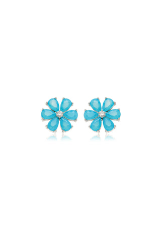 Platinum Titanium Threadless Opal Flower Flat Back Stud Earrings - Blue