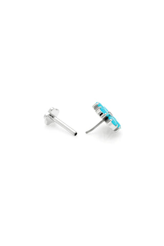 Platinum Titanium Threadless Opal Flower Flat Back Stud Earrings - Blue