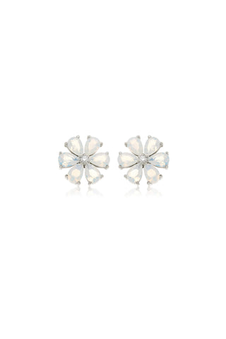 Platinum Titanium Threadless Opal Flower Flat Back Stud Earrings - White