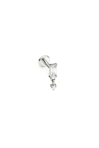 Titanium Baguette Gem Flat Back Stud Earring with Hanging Gem