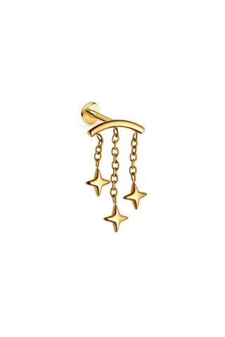 Gold Titanium Hidden Helix Flat Back Stud Earring with Hanging Stars
