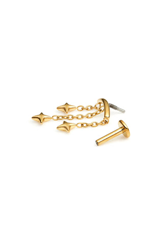 Gold Titanium Hidden Helix Flat Back Stud Earring with Hanging Stars
