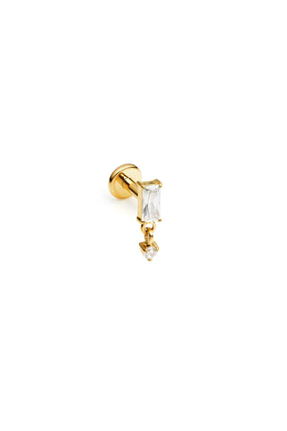Gold Titanium Baguette Gem Flat Back Stud Earring with Hanging Gem