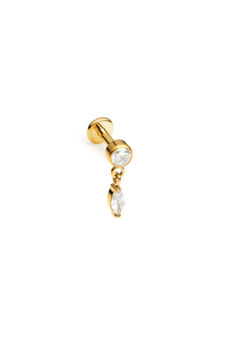 Gold Titanium Round Gem Flat Back Stud Earring with Hanging Gem