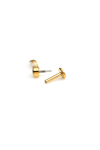 Gold Titanium Round Gem Flat Back Stud Earring with Hanging Gem