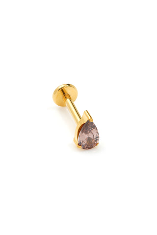 Gold Titanium Smokey Quartz Tear Drop Flat Back Stud