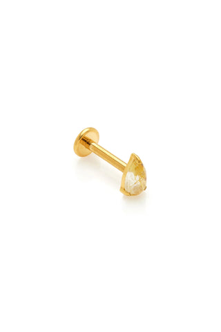 Gold Titanium Threadless Flatback Stud Earring with Gold Rutilated Quartz Tear Drop
