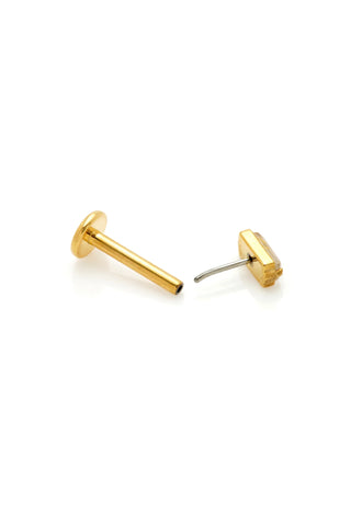 Gold Titanium Threadless Flat Back Stud Earring with Rutilated Gold Quartz Baguette