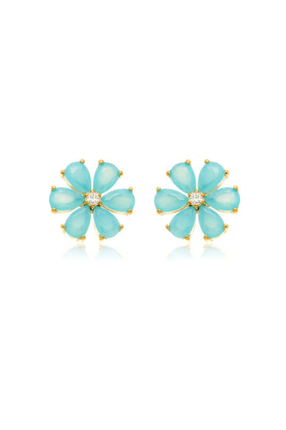 Gold Titanium Threadless Opal Flower Flat Back Stud Earrings - Blue