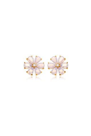 Gold Titanium Threadless Opal Flower Flat Back Stud Earrings - Pink