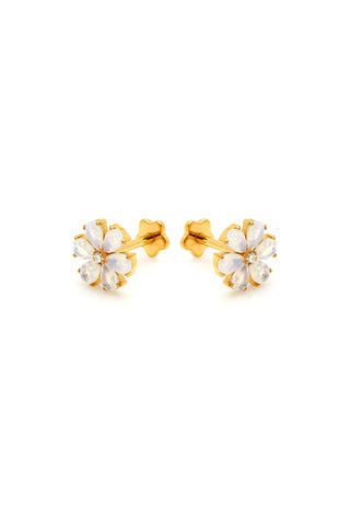 Gold Titanium Threadless Opal Flower Flat Back Stud Earrings - White