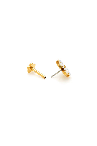 Gold Titanium Threadless Opal Flower Flat Back Stud Earrings - White