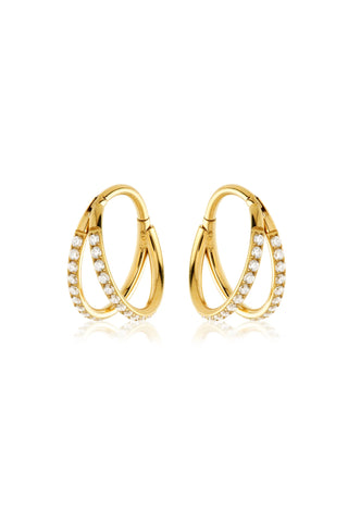 Gold Titanium Double Band Jewelled Hoop Earrings