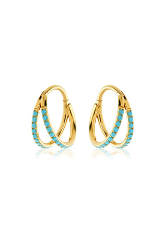 Gold Titanium Double Band Turquoise Hoop Earrings